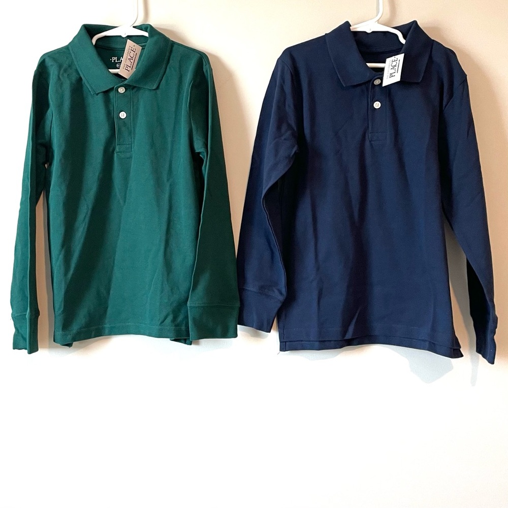 NEW Lot of 2 Children’s Place Boys Uniform Shirts Sz 7/8 Long Sleeve Navy Green